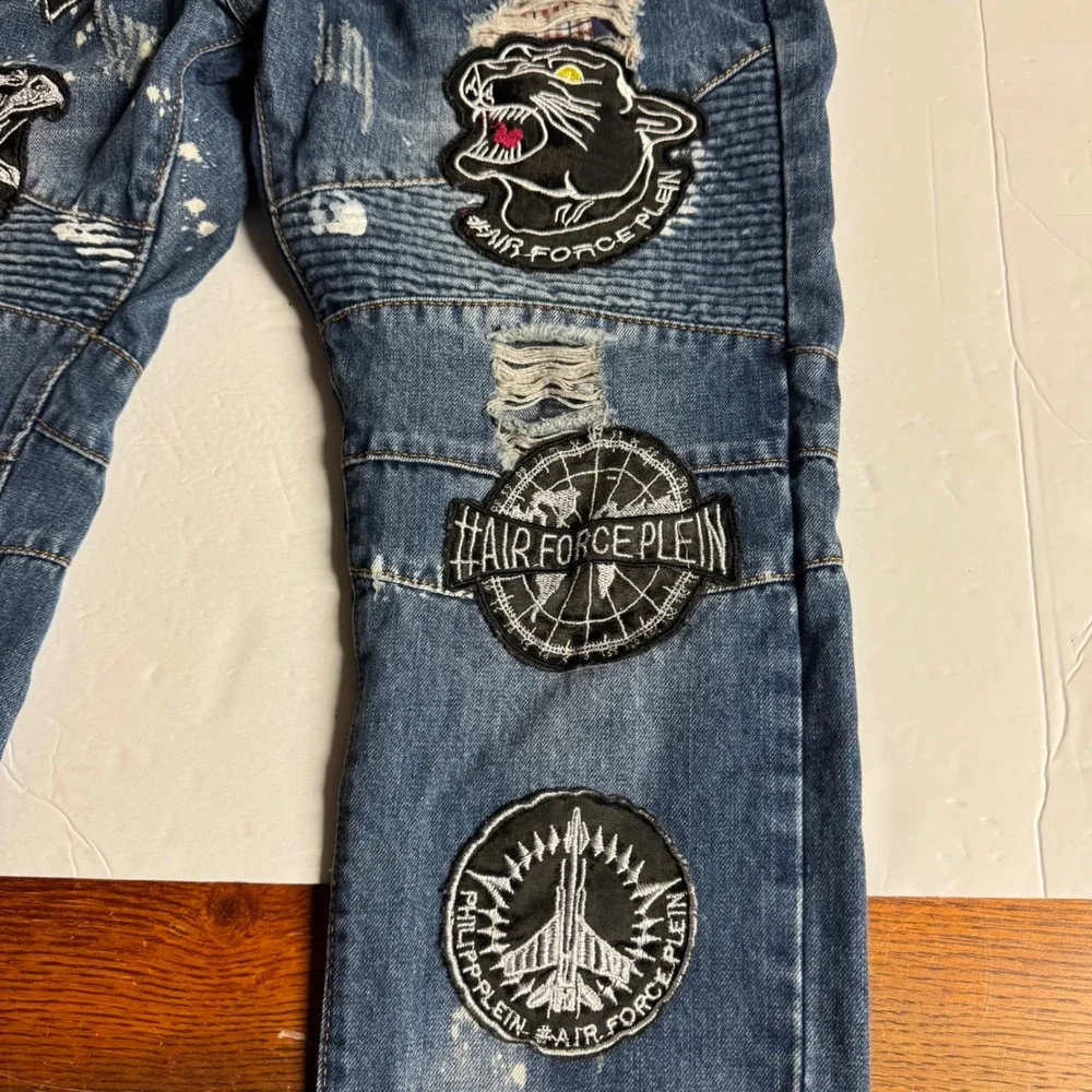 Mens Fashion Jeans Distressed Patches Air Force Panther‎ Eagle Blue Size 34